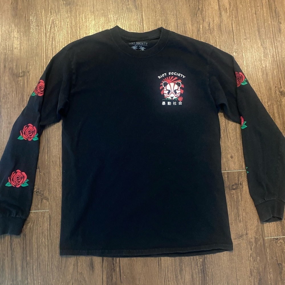 Riot Society Black Long Sleeve with Red Rose Accents
